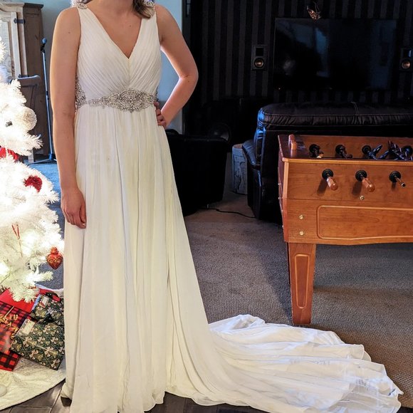 Chiffon V-Neck Sheer Back Wedding Dress - Picture 1 of 5